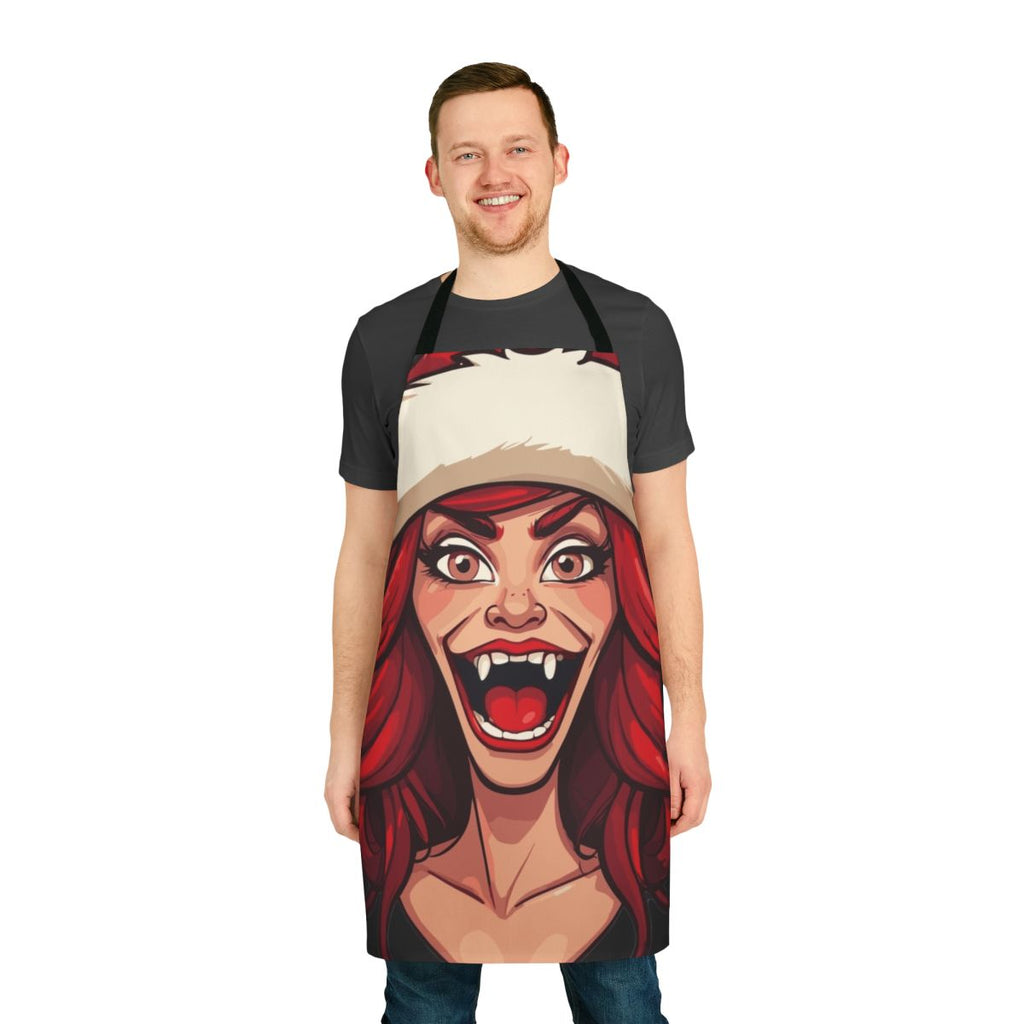Vibrant apron featuring a Santa-inspired cartoon design with the Big Mouth hormone monster