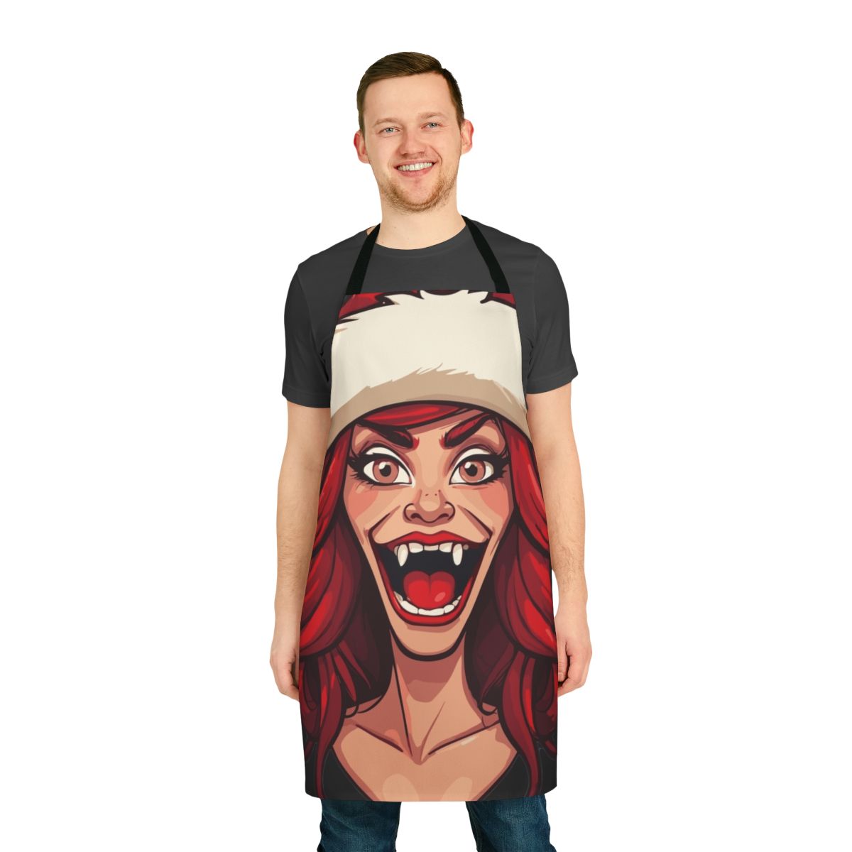Vibrant apron featuring a Santa-inspired cartoon design with the Big Mouth hormone monster