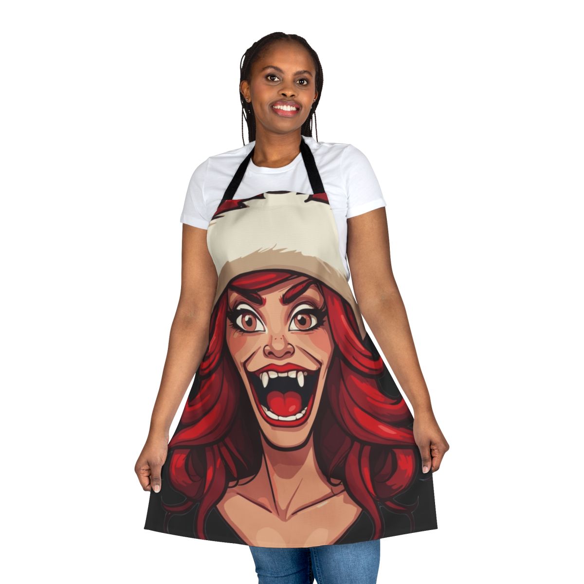 Vibrant apron featuring a Santa-inspired cartoon design with the Big Mouth hormone monster