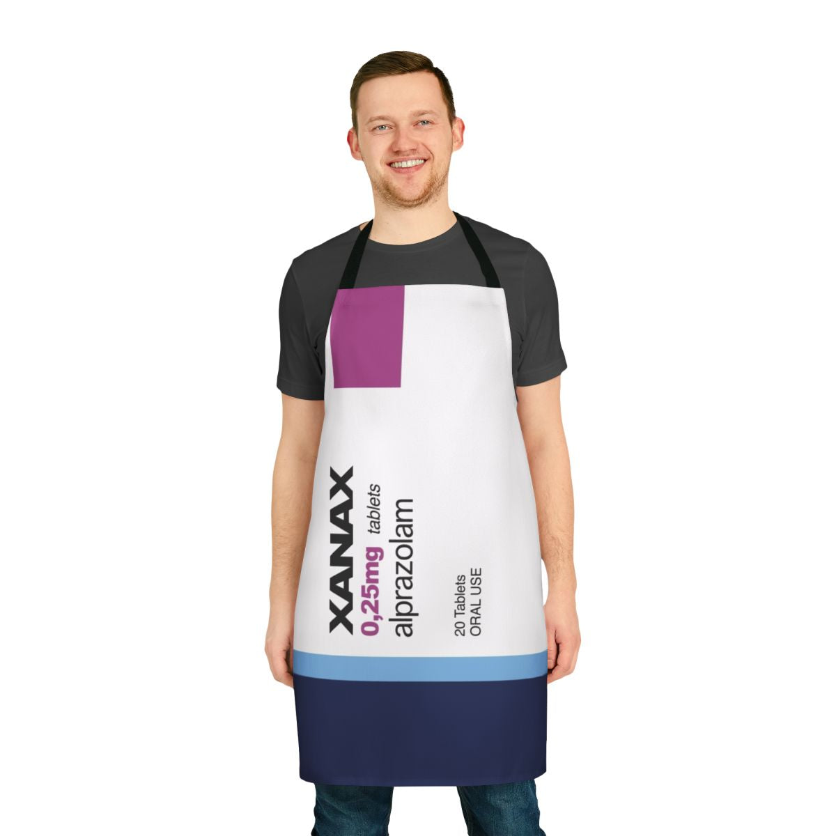 Colorful and sarcastic apron featuring an "Xanax" design