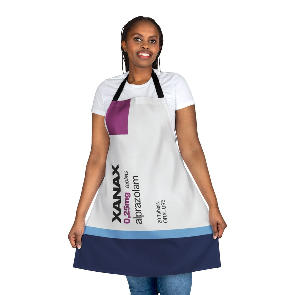 Colorful and sarcastic apron featuring an "Xanax" design