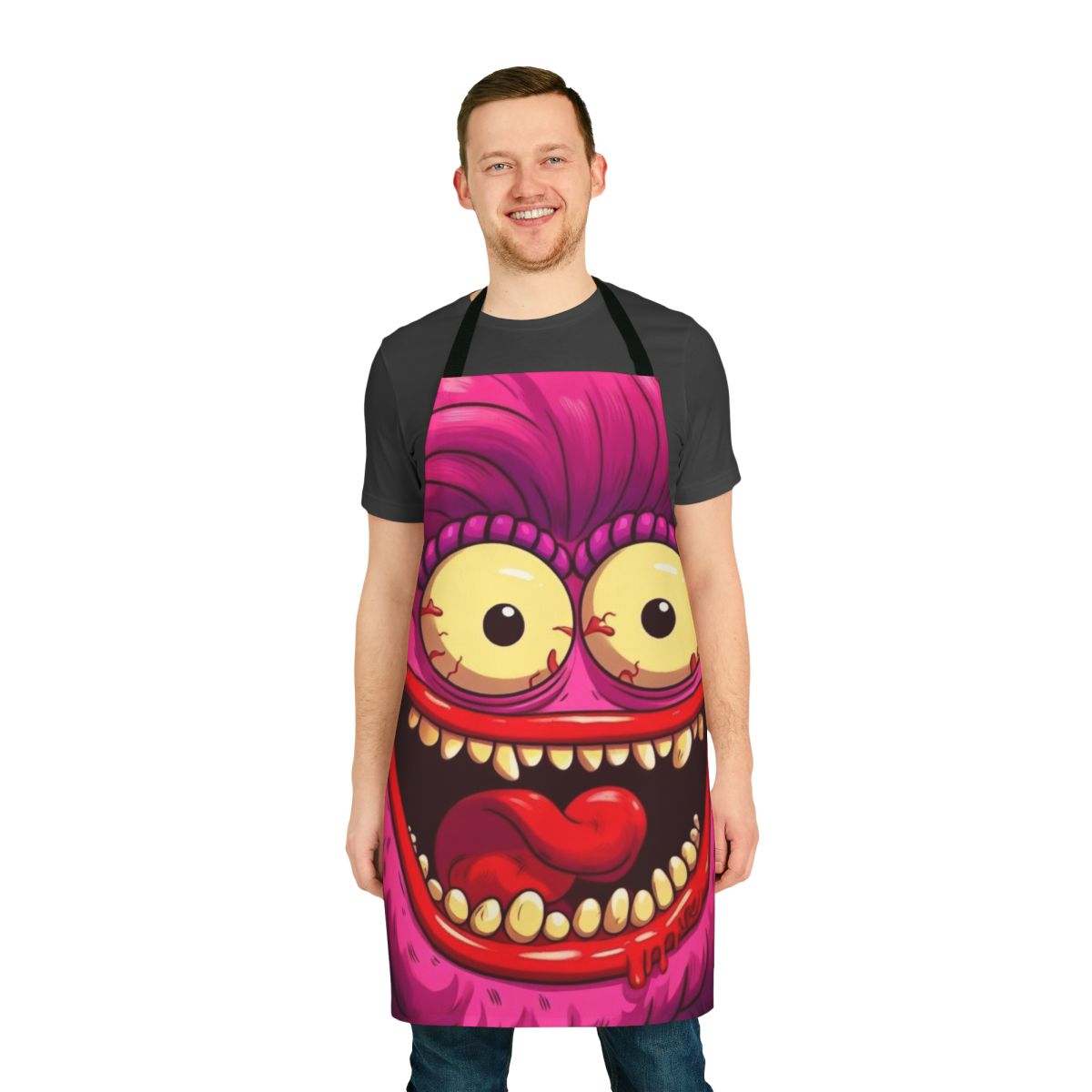 Vibrant and sassy cartoon apron featuring the Big Mouth Hormone Monster