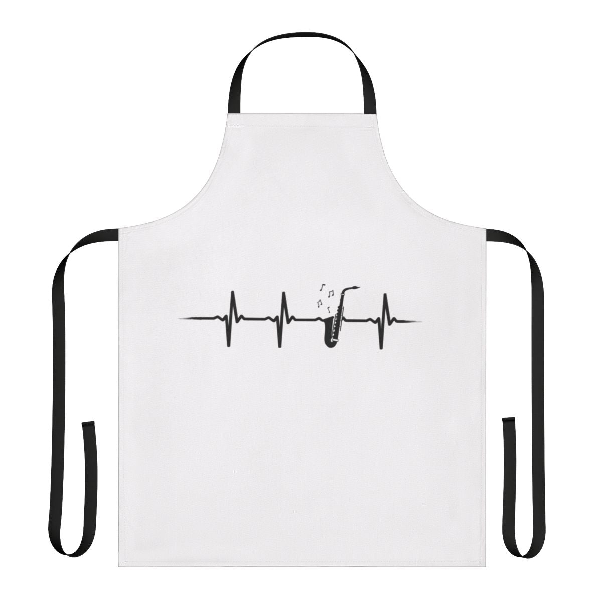 Saxophone with heartbeat design on a black apron