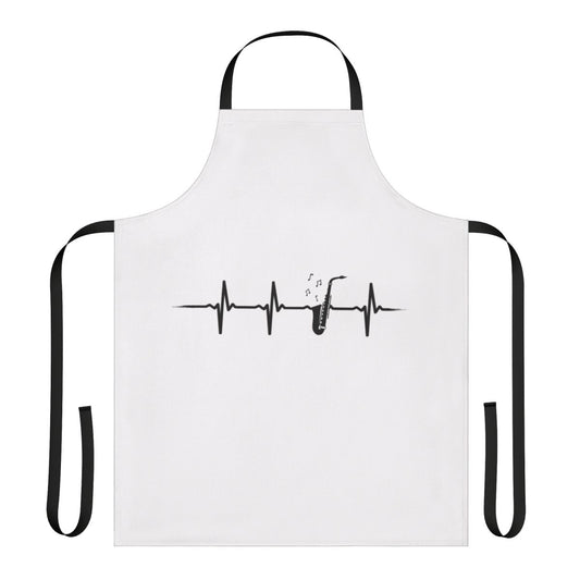 Saxophone with heartbeat design on a black apron