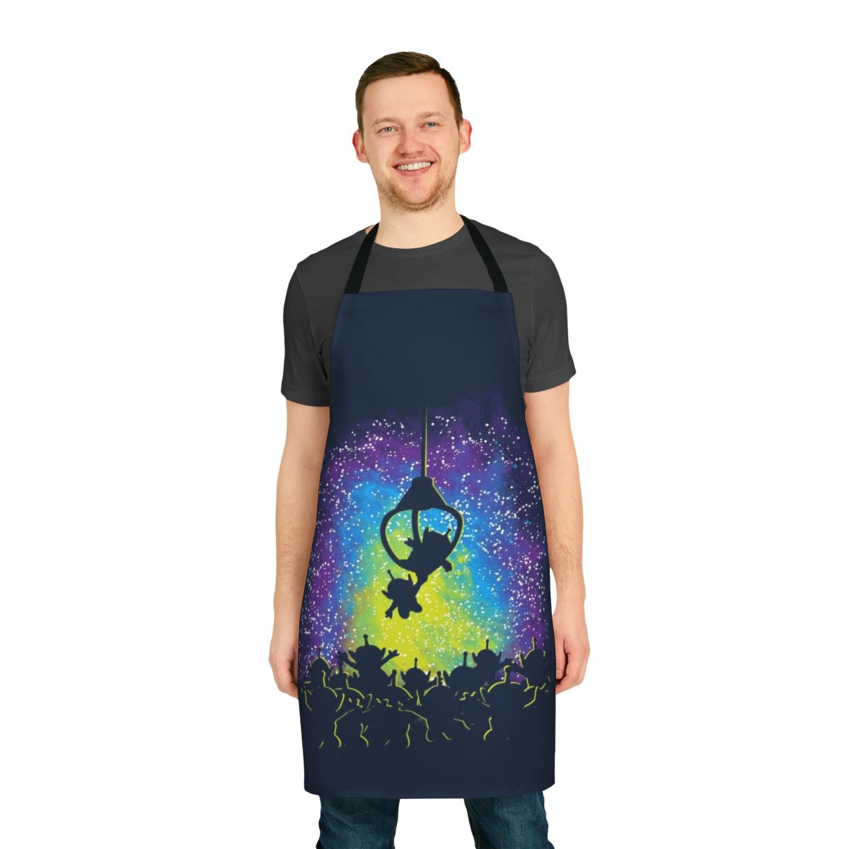 Colorful sci-fi inspired apron with a vibrant stars and space theme