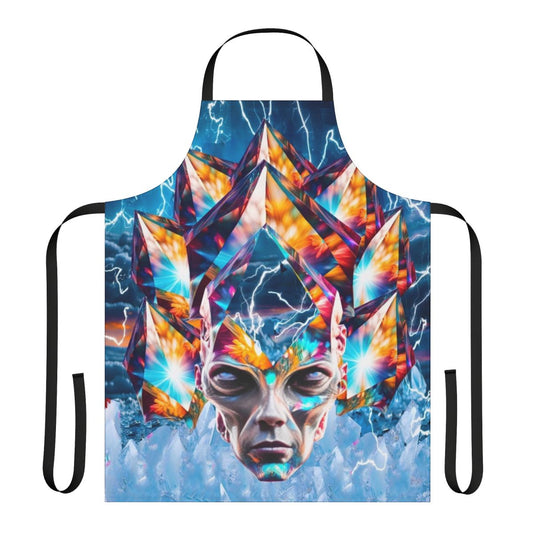 Colorful and surreal time machine apron with sci-fi and fantasy-inspired design