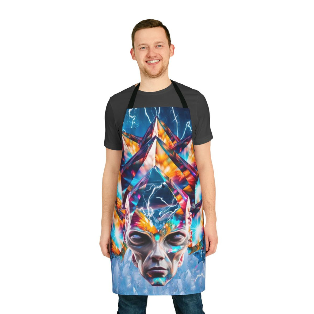 Colorful and surreal time machine apron with sci-fi and fantasy-inspired design