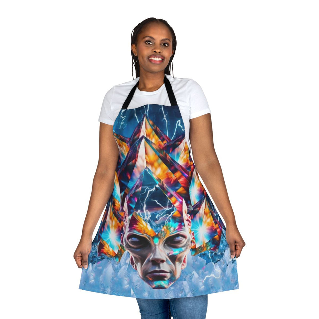 Colorful and surreal time machine apron with sci-fi and fantasy-inspired design