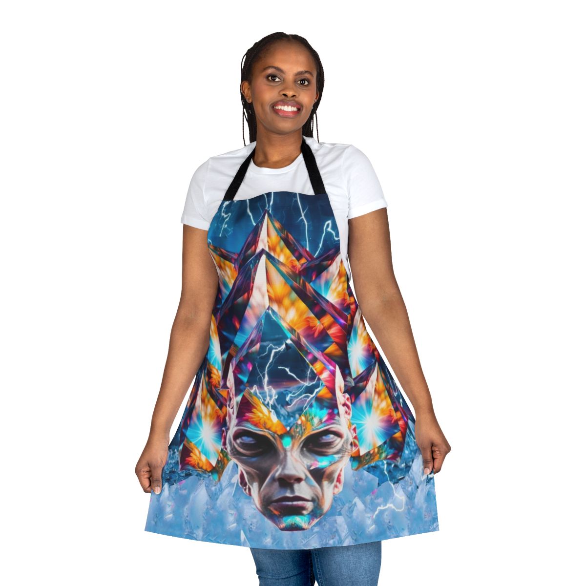 Colorful and surreal time machine apron with sci-fi and fantasy-inspired design