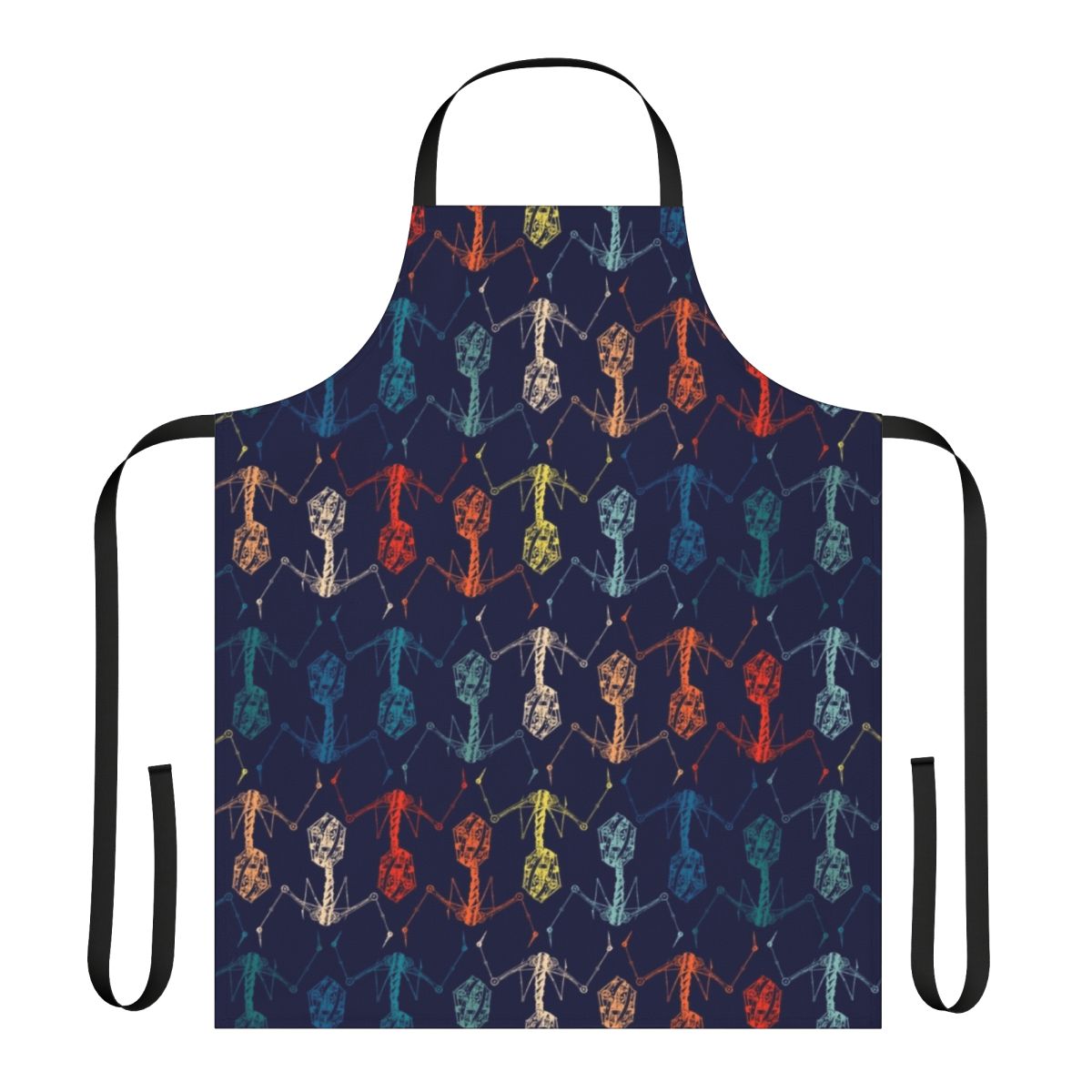 Colorful apron featuring a bacteriophage-inspired design