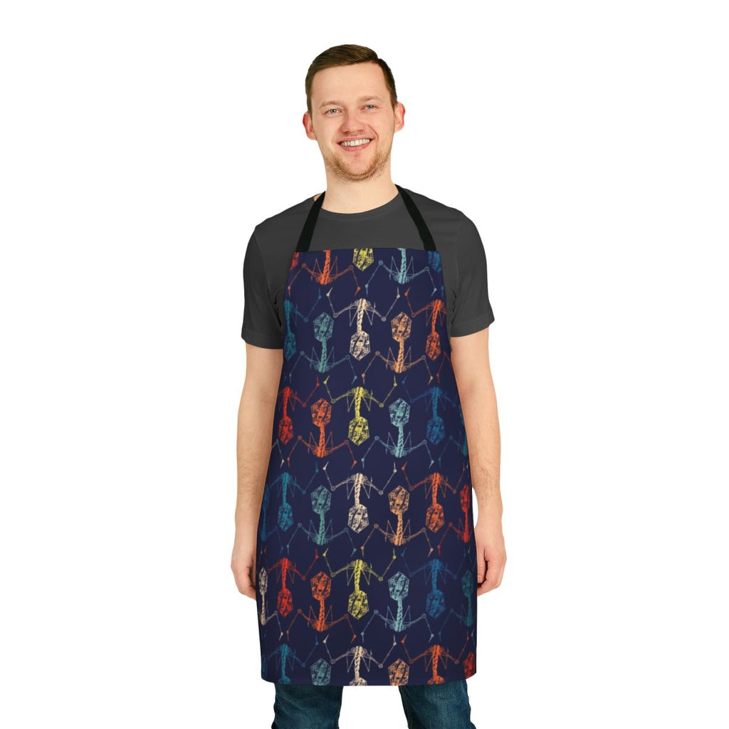 Colorful apron featuring a bacteriophage-inspired design