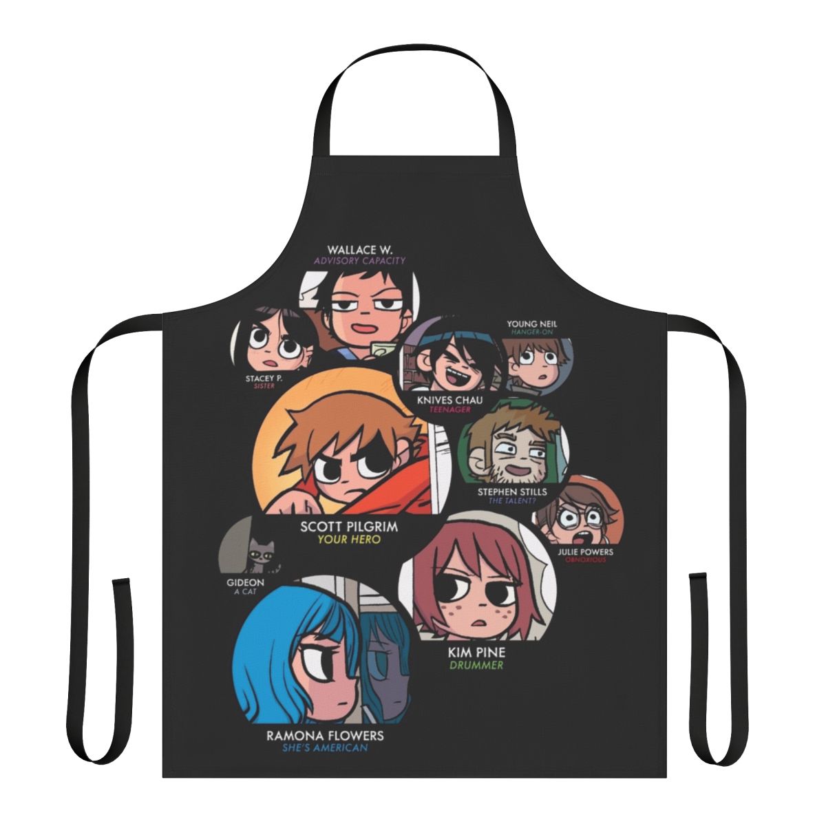 Scott Pilgrim characters apron featuring Ramona Flowers, Knives Chau, and other fan favorites
