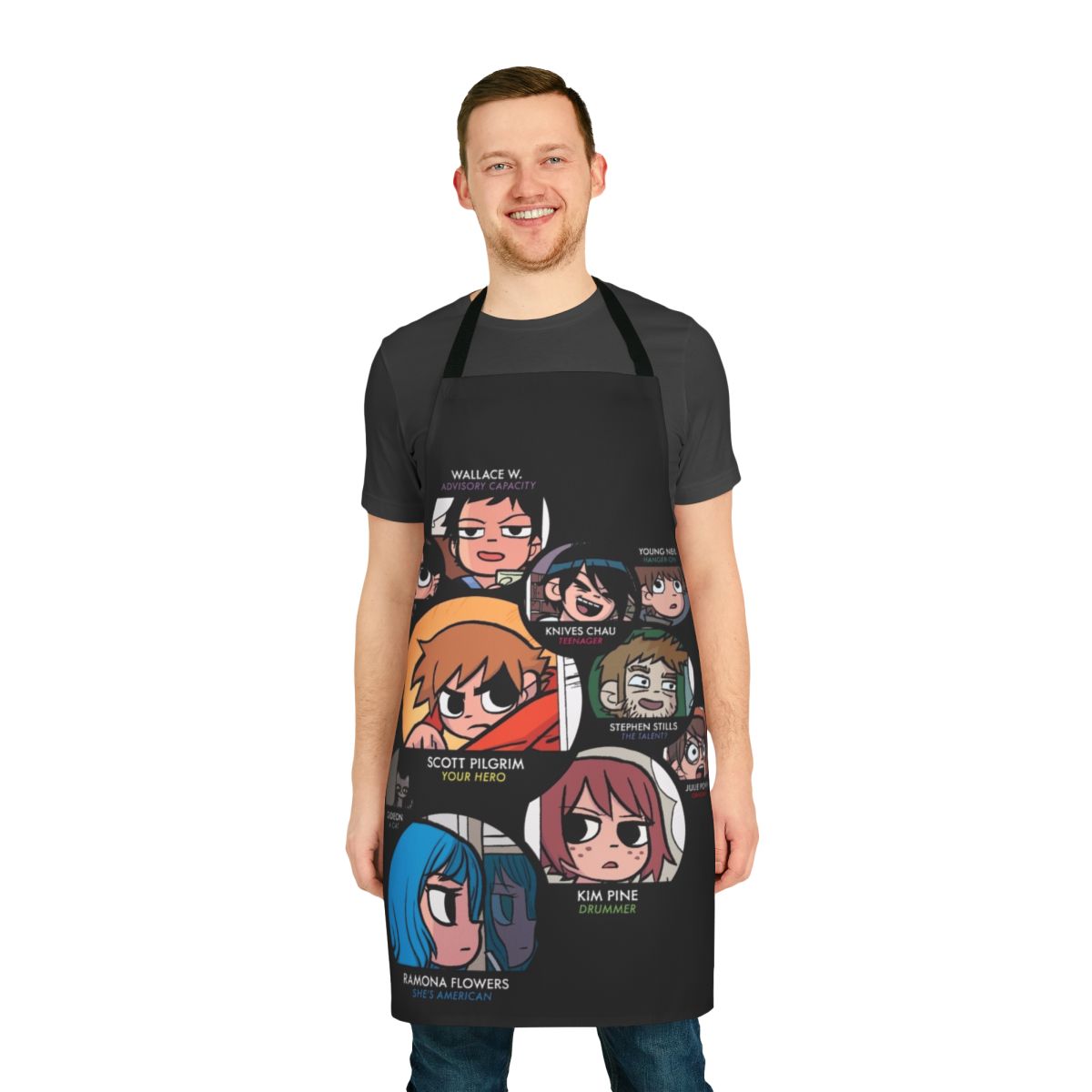 Scott Pilgrim characters apron featuring Ramona Flowers, Knives Chau, and other fan favorites