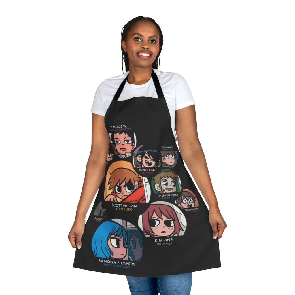 Scott Pilgrim characters apron featuring Ramona Flowers, Knives Chau, and other fan favorites