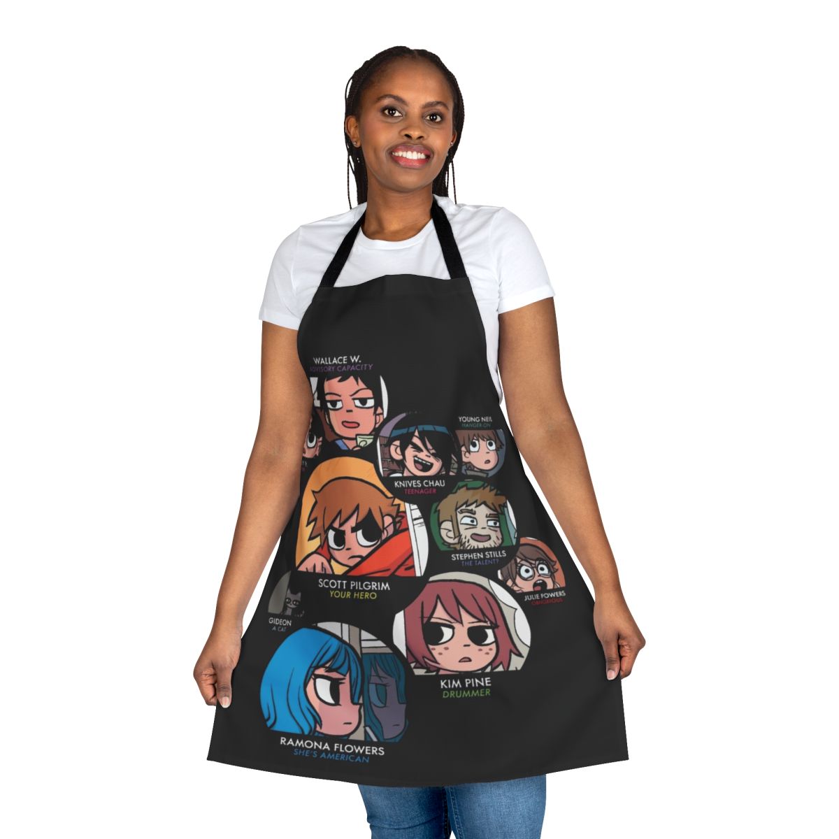 Scott Pilgrim characters apron featuring Ramona Flowers, Knives Chau, and other fan favorites