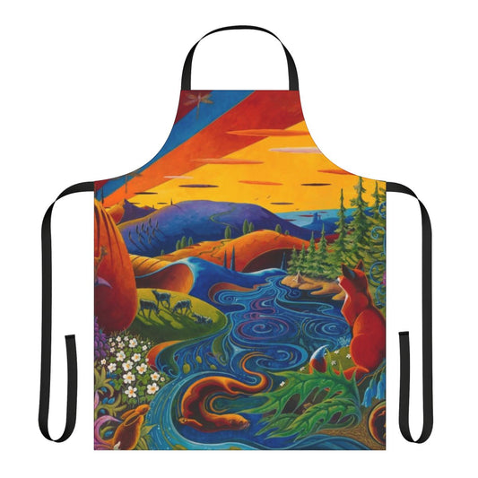 Colorful apron featuring a pattern of Scottish wildlife and landscapes
