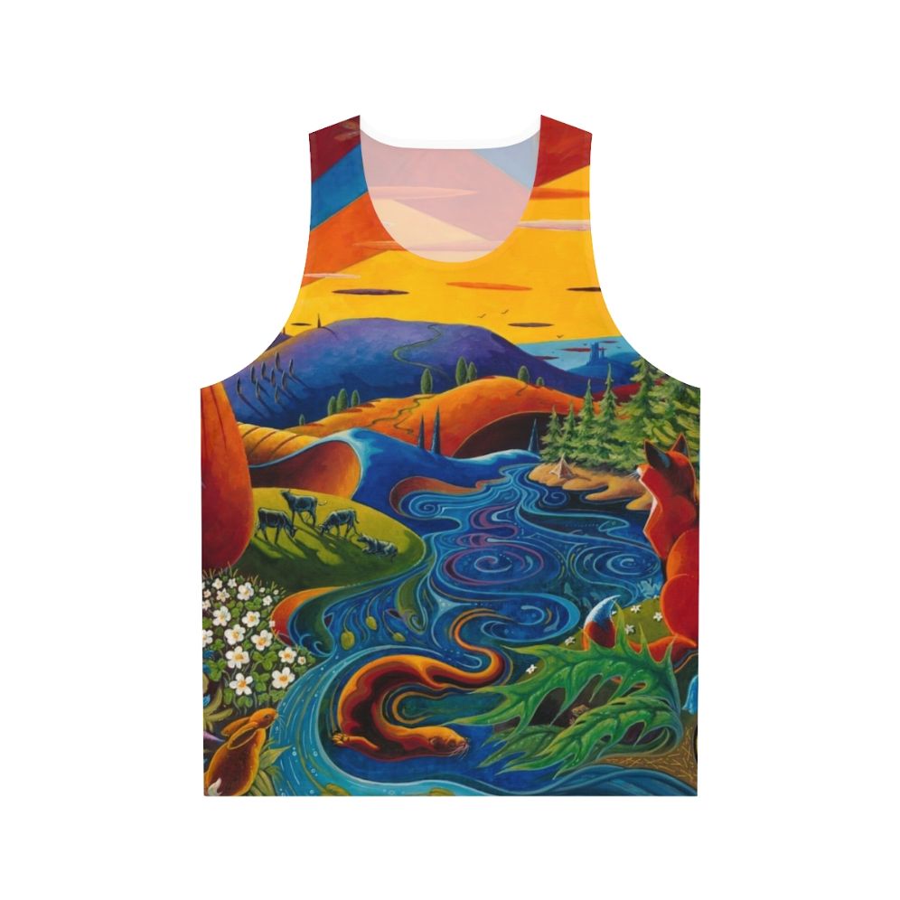 Unisex tank top featuring a vibrant Scottish landscape design