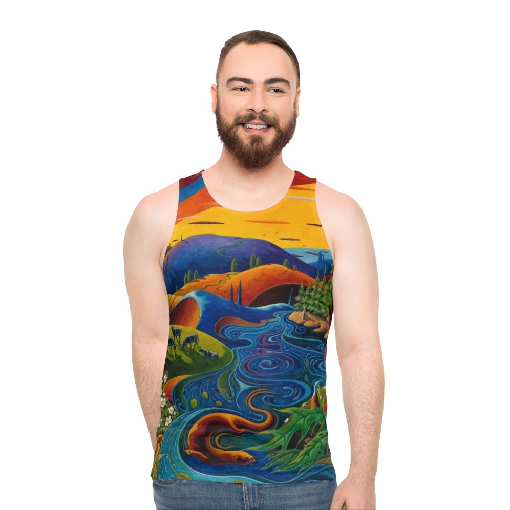 Unisex tank top featuring a vibrant Scottish landscape design