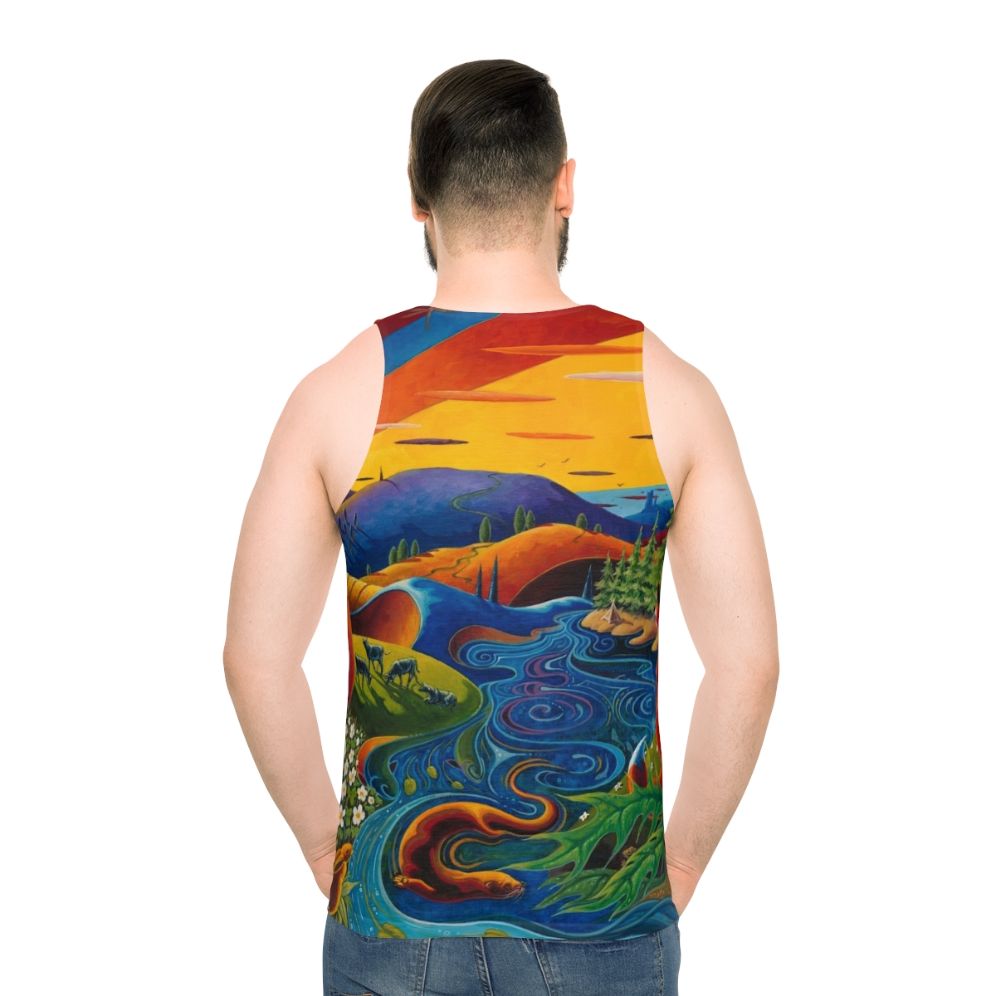 Unisex tank top featuring a vibrant Scottish landscape design