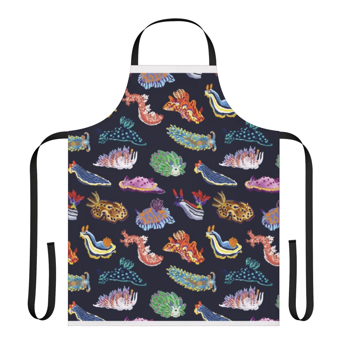 Vibrant apron featuring a colorful nudibranch or sea slug design