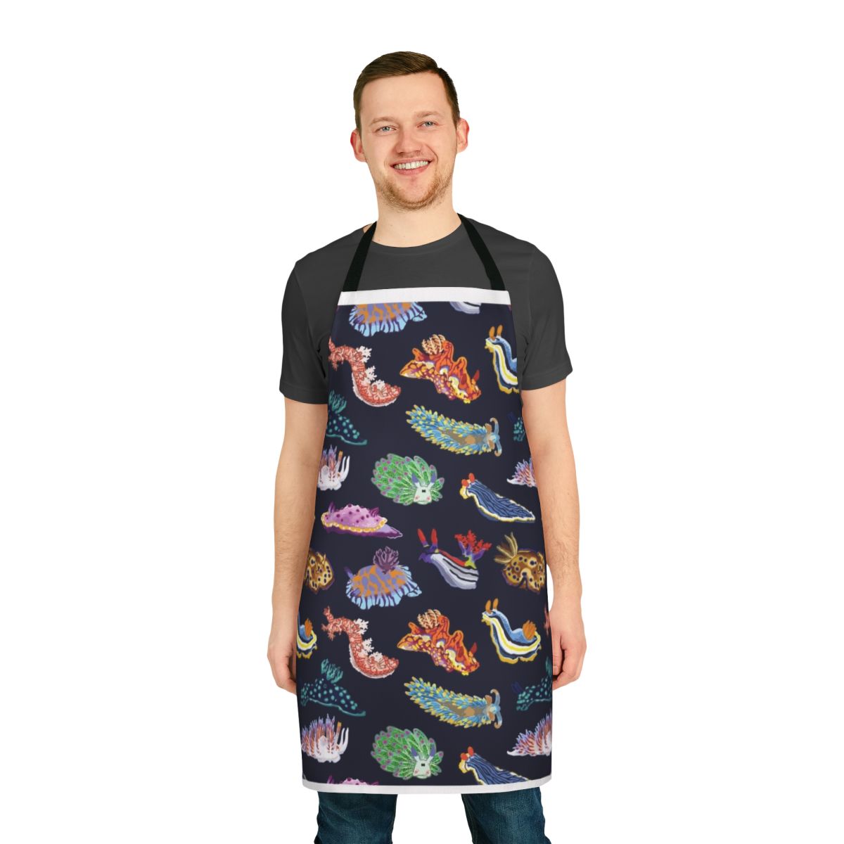 Vibrant apron featuring a colorful nudibranch or sea slug design