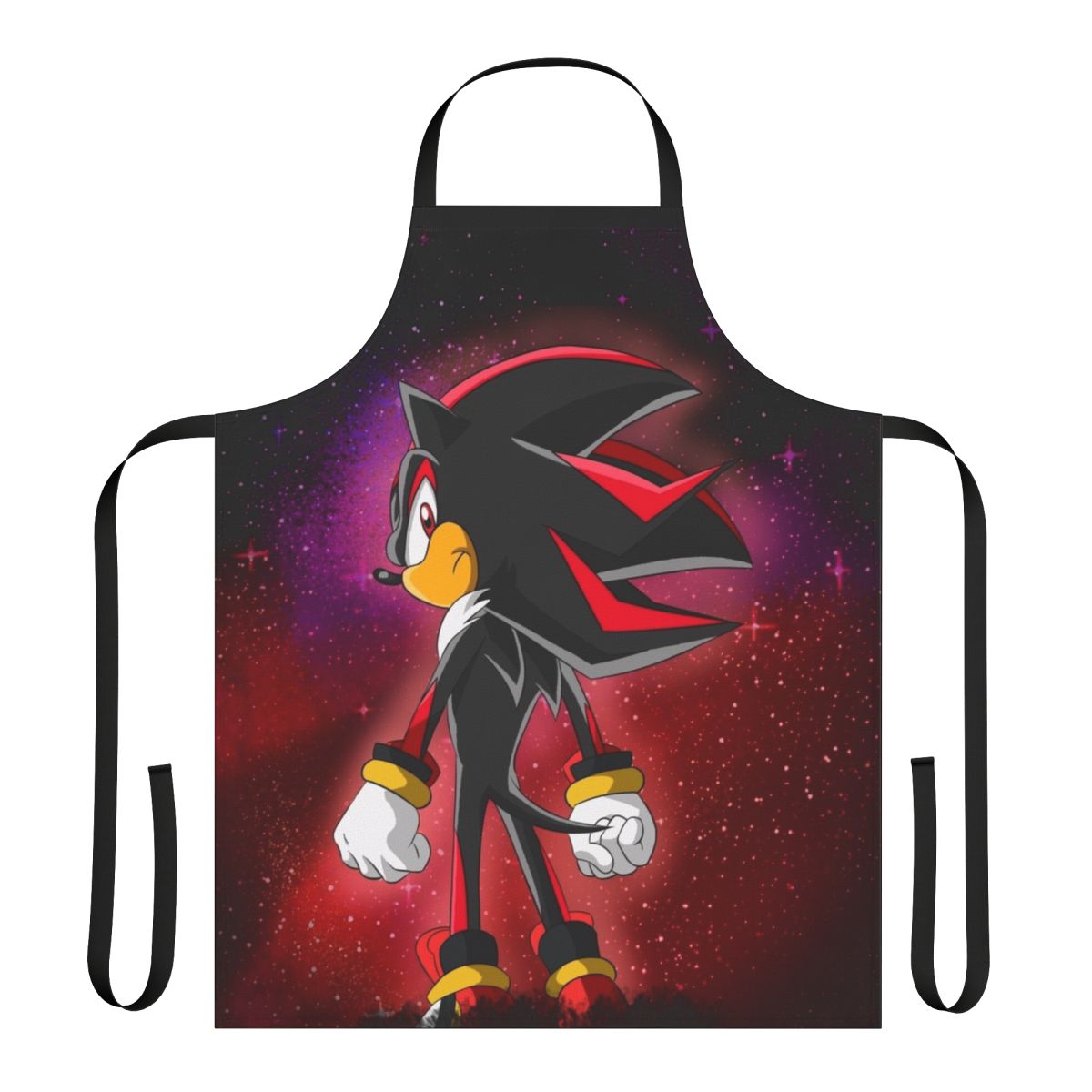 Vibrant, colorful apron featuring Shadow the Hedgehog from the Sonic the Hedgehog video game series.