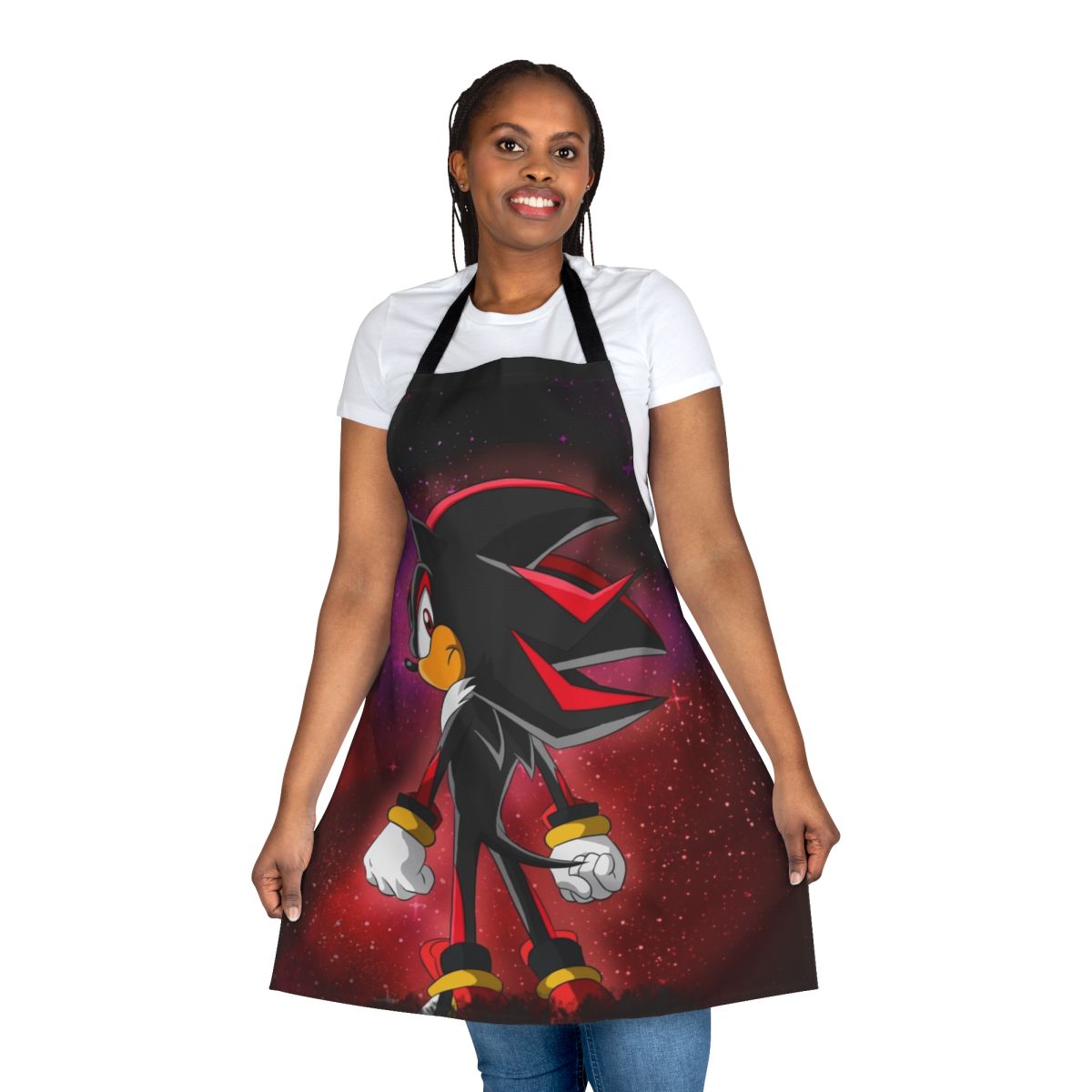 Vibrant, colorful apron featuring Shadow the Hedgehog from the Sonic the Hedgehog video game series.