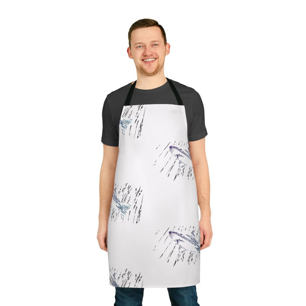 A colorful apron featuring a stylized shark design, perfect for cooking, crafting, or other wet activities near the water.