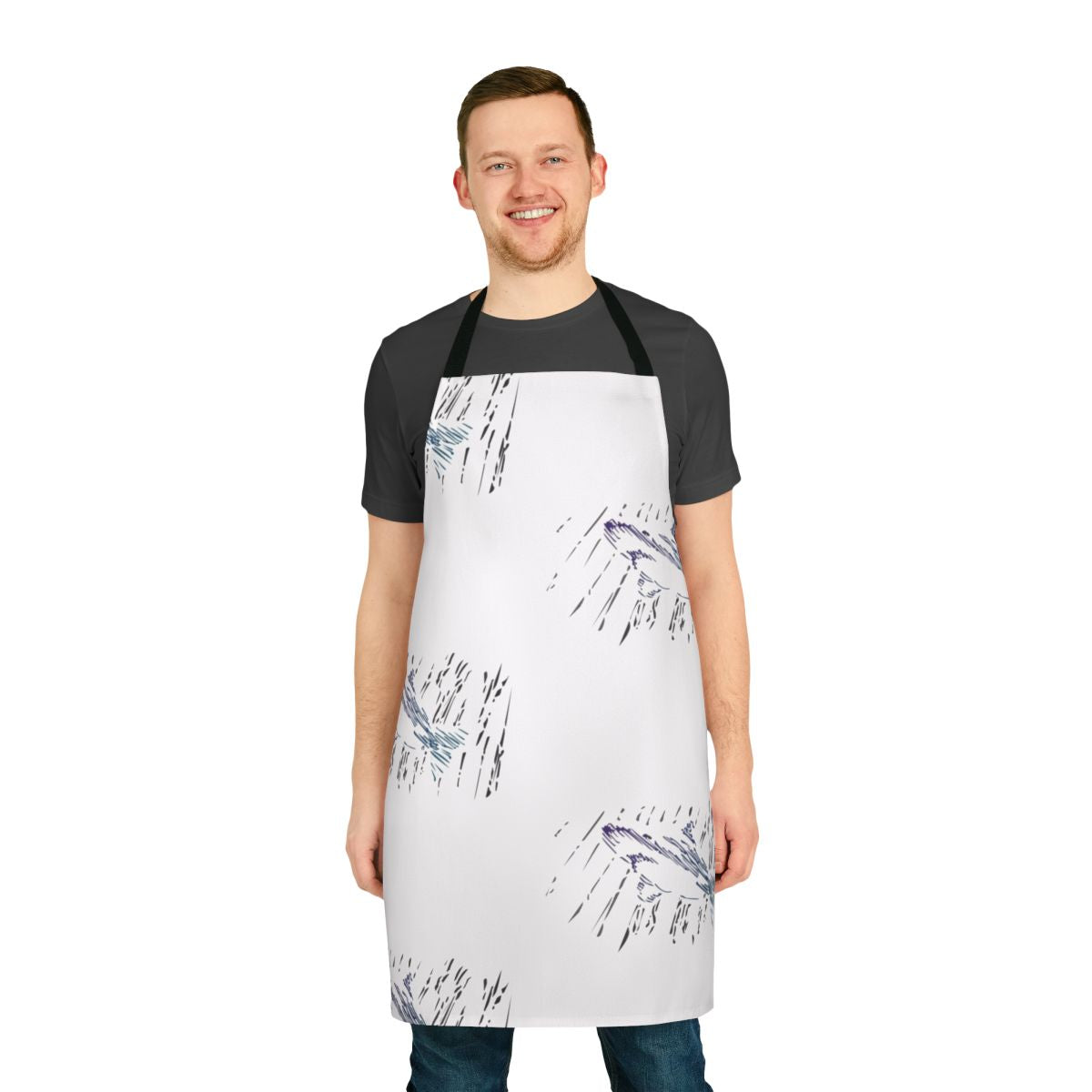 A colorful apron featuring a stylized shark design, perfect for cooking, crafting, or other wet activities near the water.