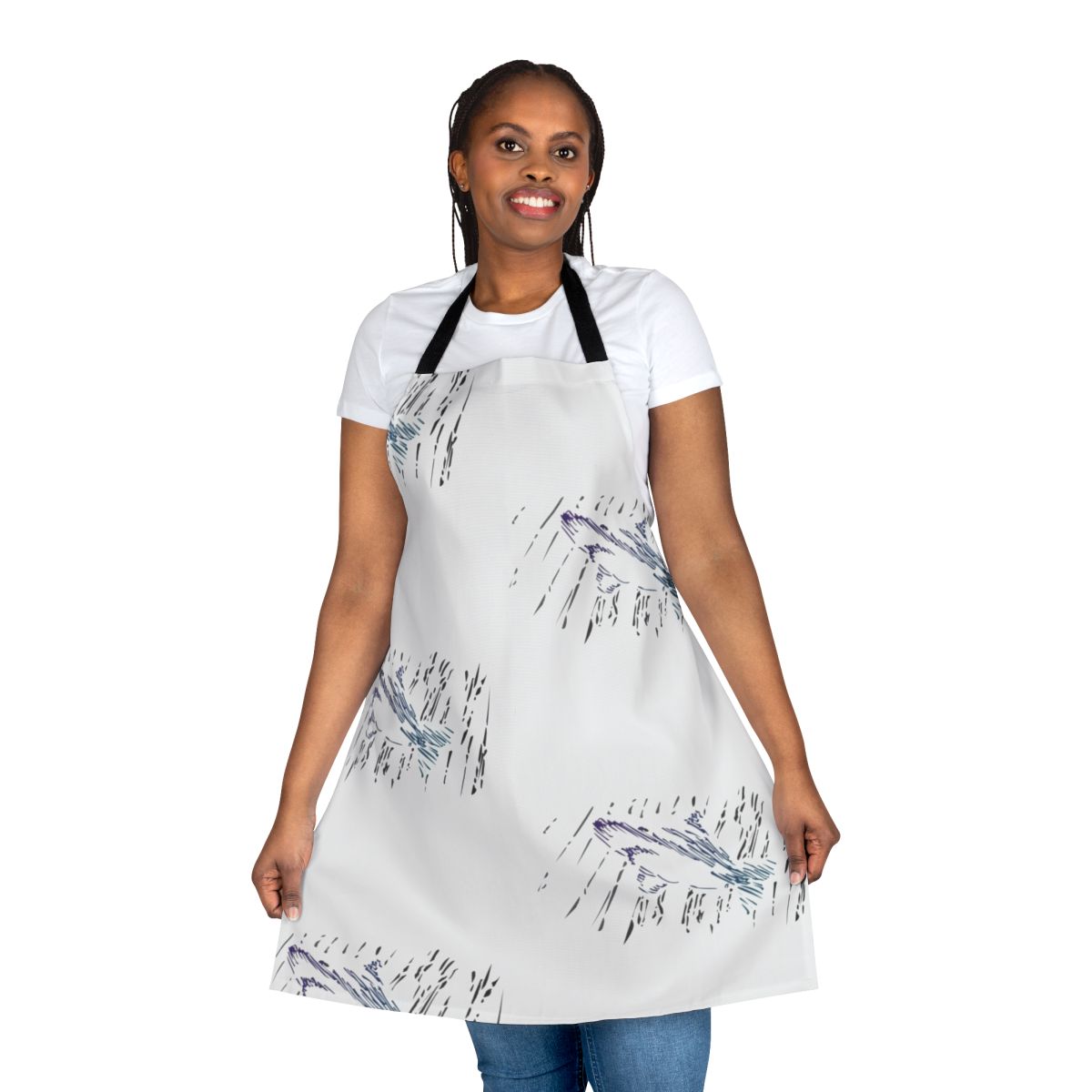 A colorful apron featuring a stylized shark design, perfect for cooking, crafting, or other wet activities near the water.