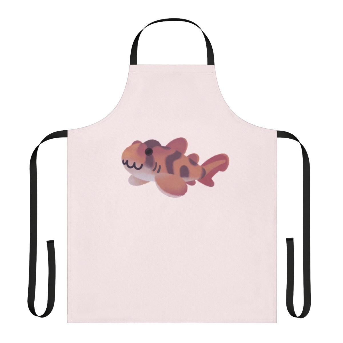 A colorful apron featuring an array of whimsical shark and marine life illustrations.
