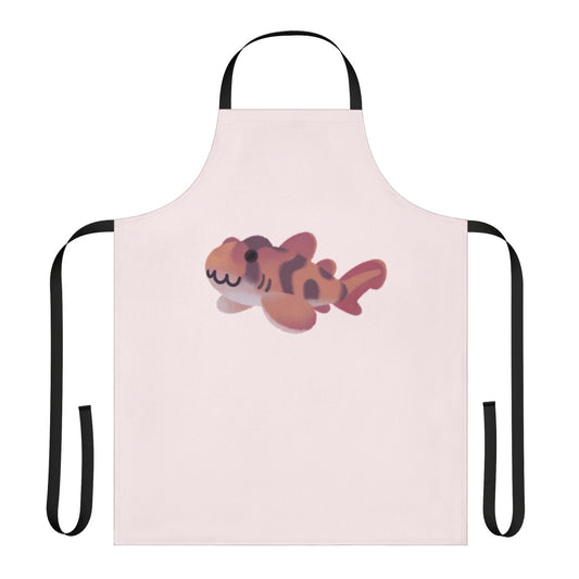 A colorful apron featuring an array of whimsical shark and marine life illustrations.