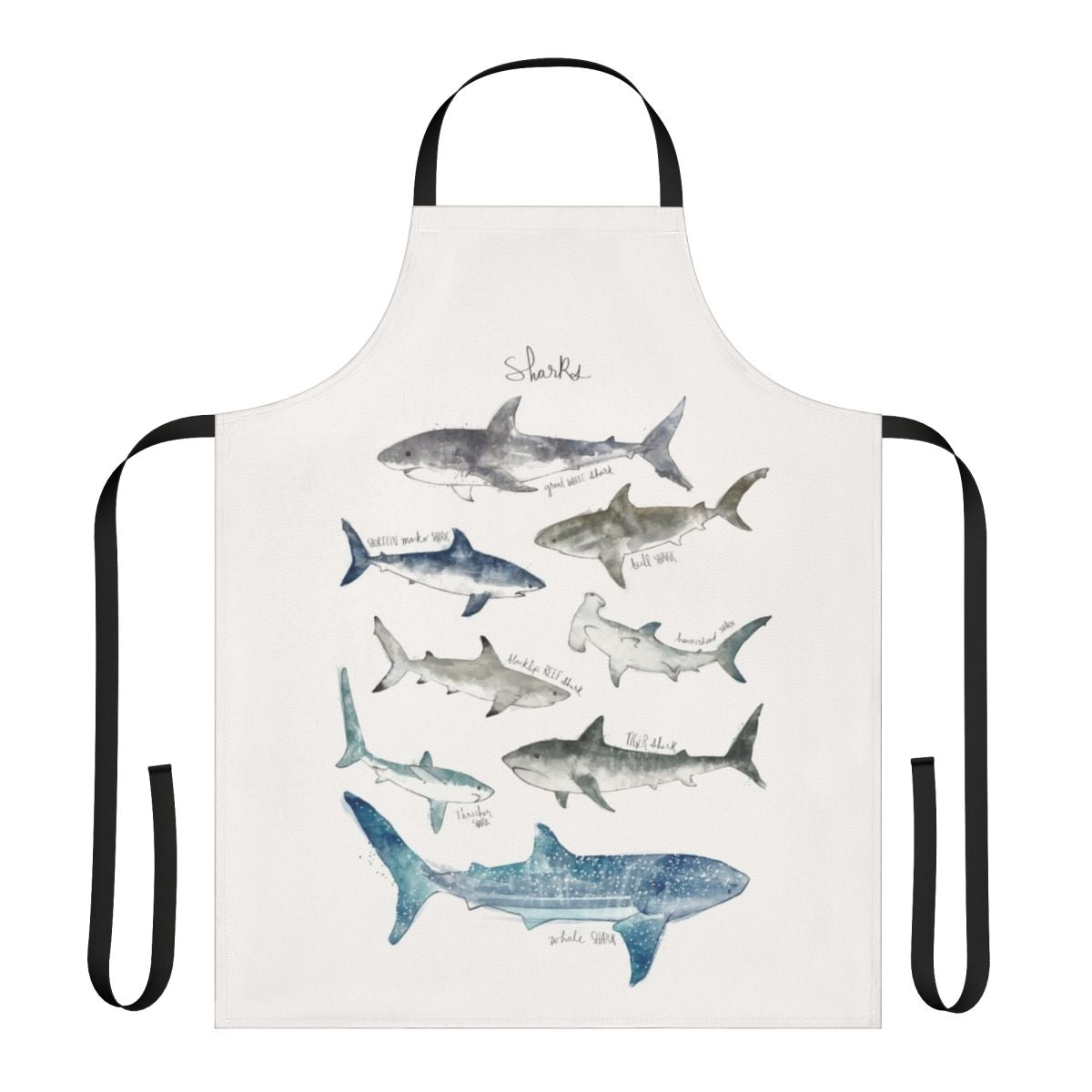Colorful apron featuring various shark species in an underwater setting