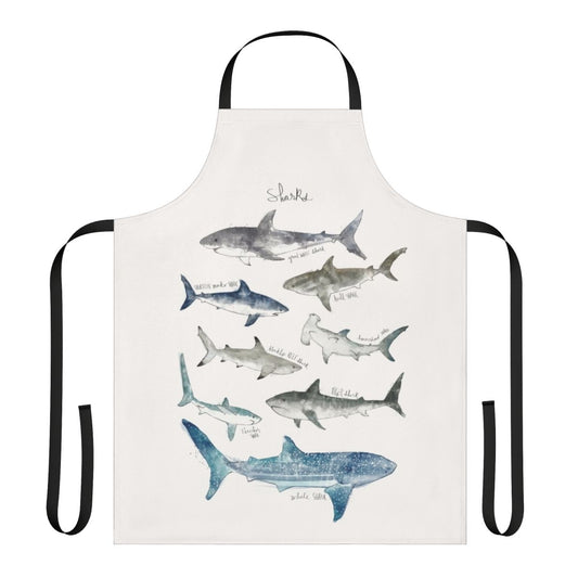 Colorful apron featuring various shark species in an underwater setting