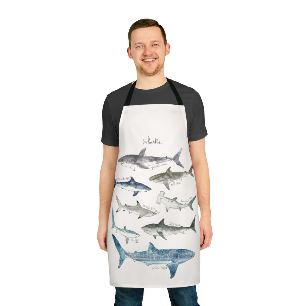 Colorful apron featuring various shark species in an underwater setting