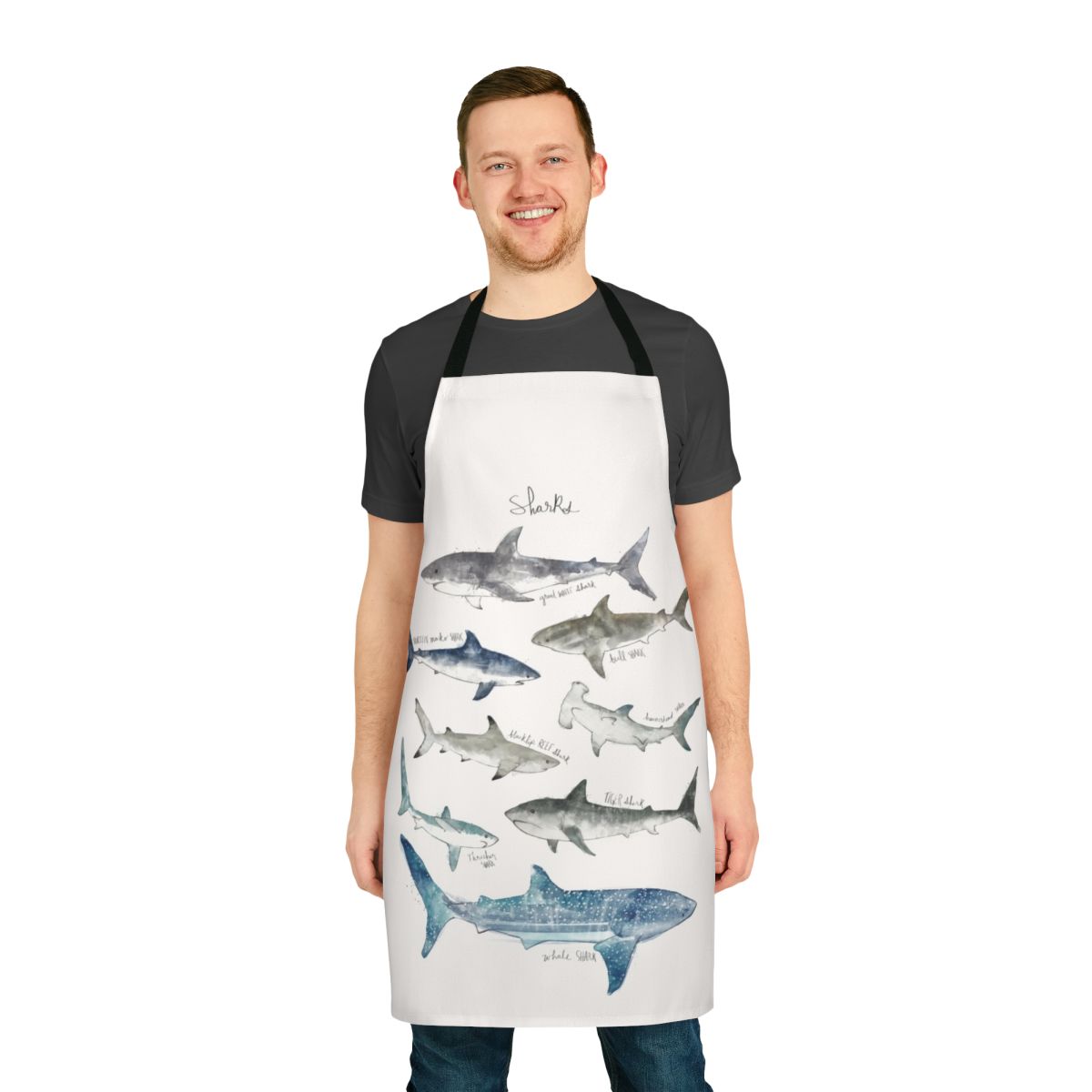 Colorful apron featuring various shark species in an underwater setting