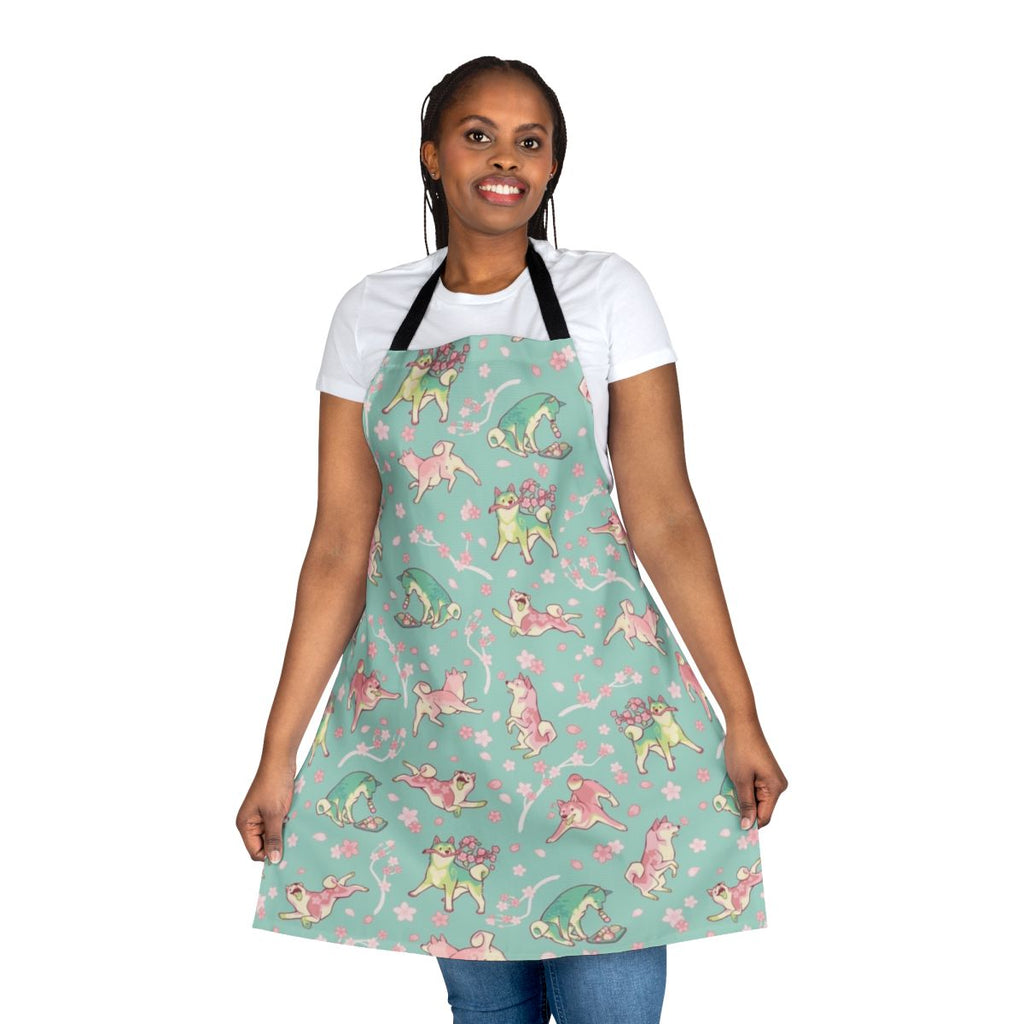 Shibakura-inspired apron with a beautiful cherry blossom and matcha design