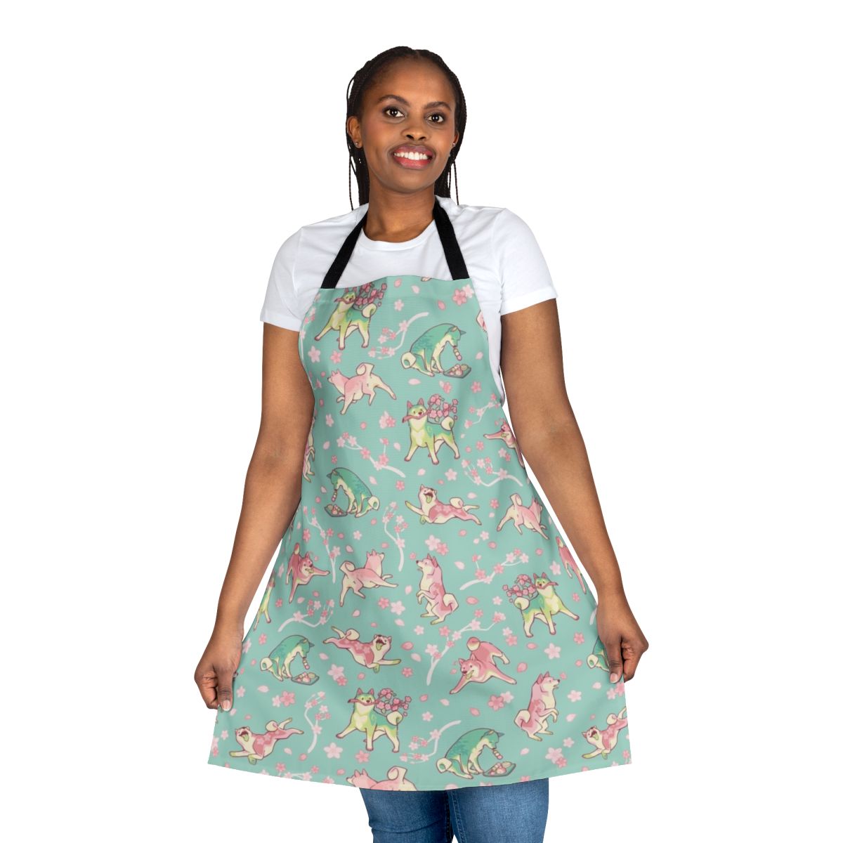 Shibakura-inspired apron with a beautiful cherry blossom and matcha design