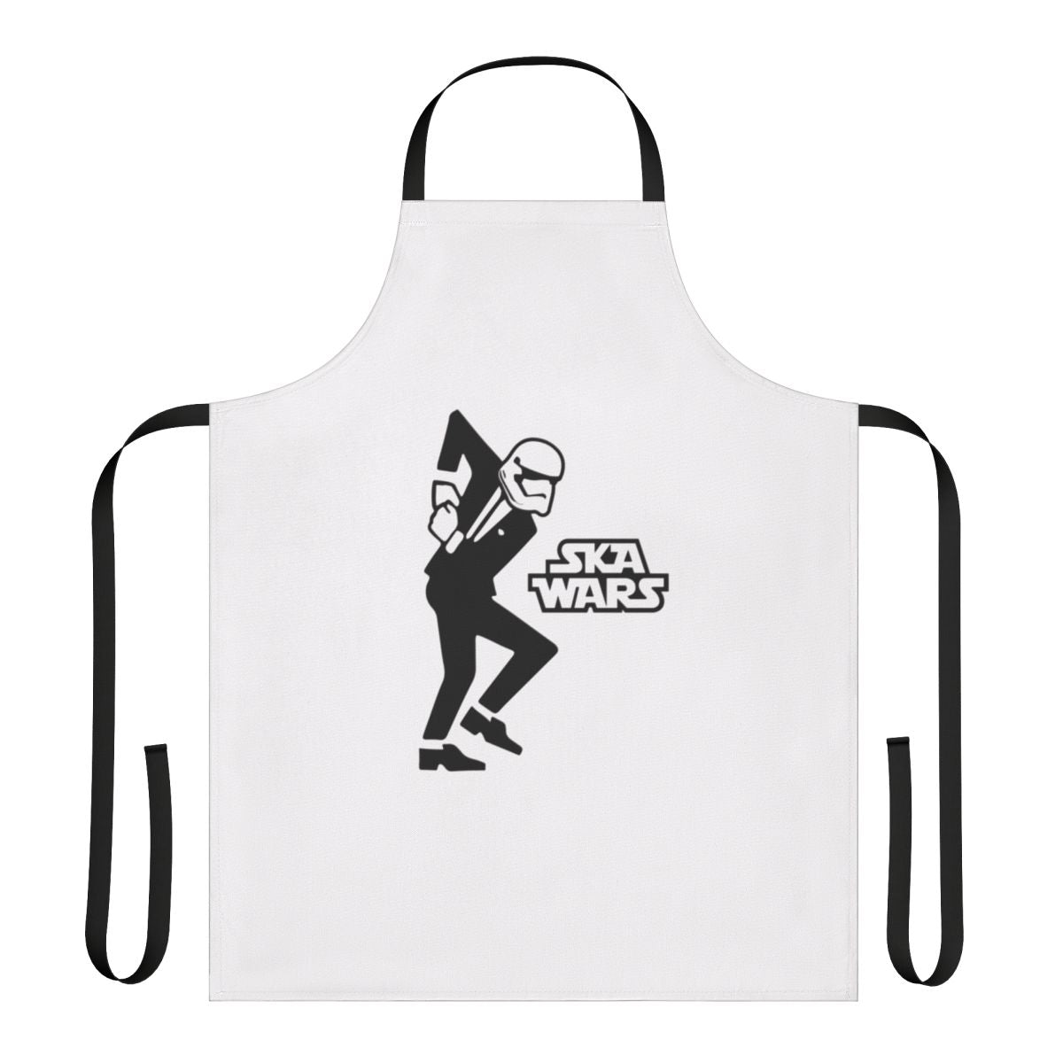 Ska-themed apron with trumpet, skank, and punk music motifs