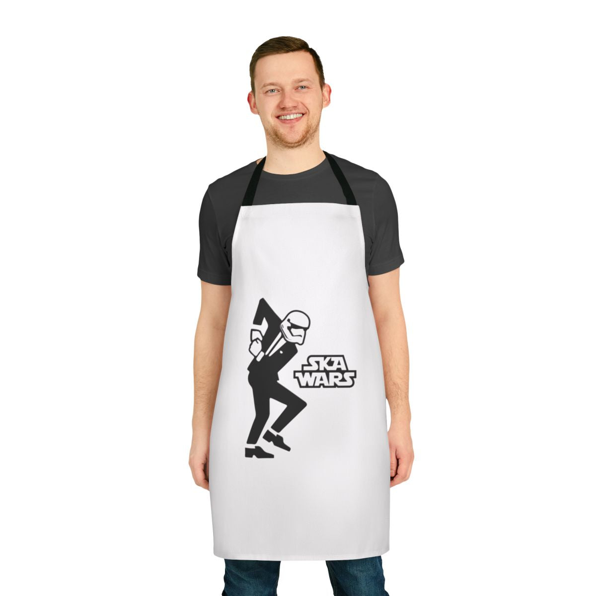 Ska-themed apron with trumpet, skank, and punk music motifs