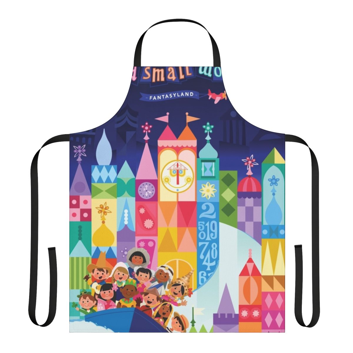 Colorful illustrated apron featuring a fantasy world with boats, cities, and whimsical elements.