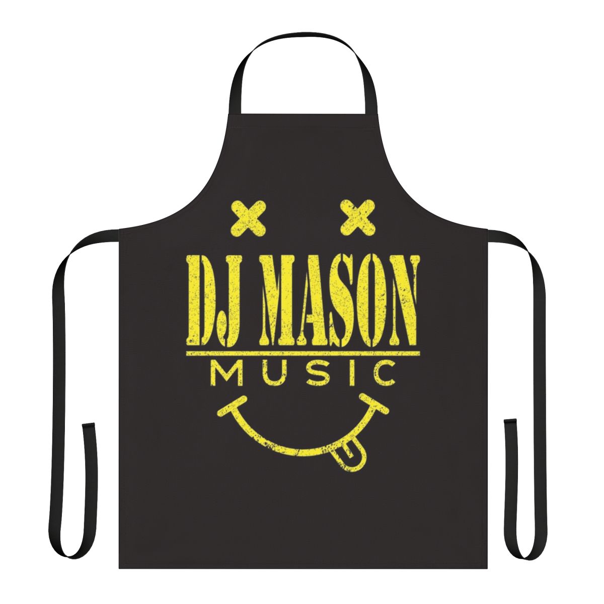 Colorful smiley face design printed on a high-quality apron, perfect for music enthusiasts and home cooks.