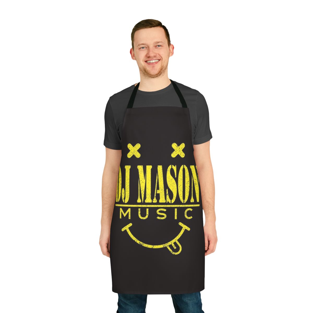 Colorful smiley face design printed on a high-quality apron, perfect for music enthusiasts and home cooks.