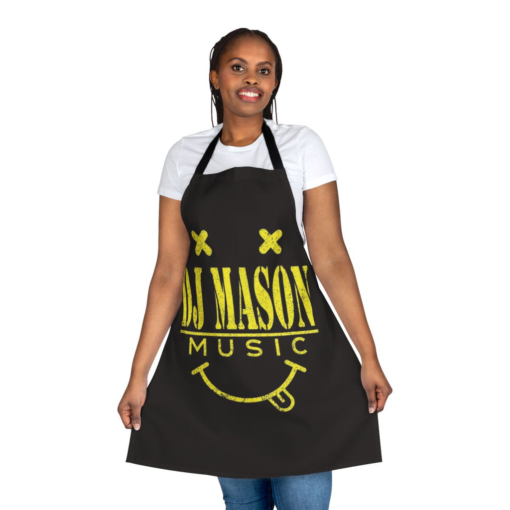 Colorful smiley face design printed on a high-quality apron, perfect for music enthusiasts and home cooks.