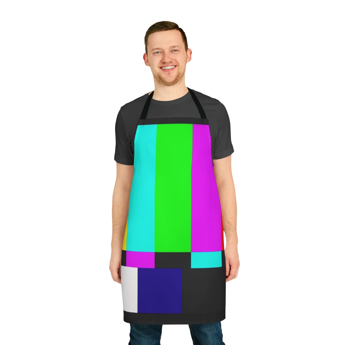 Smpte color bars pattern printed on a high-quality apron for TV and media fans