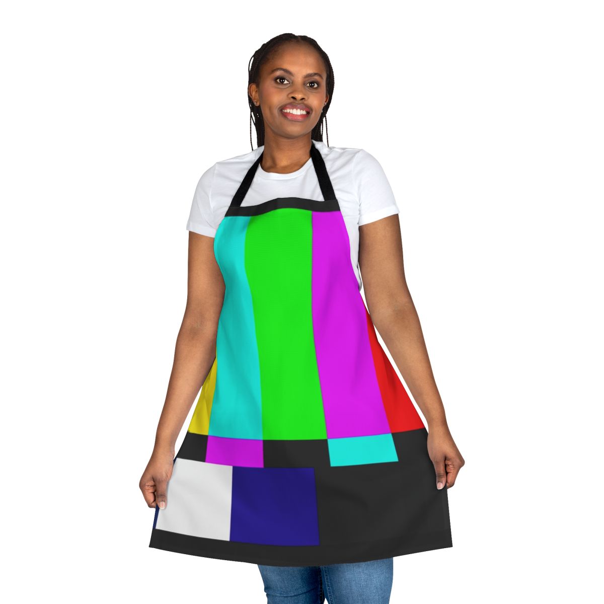 Smpte color bars pattern printed on a high-quality apron for TV and media fans