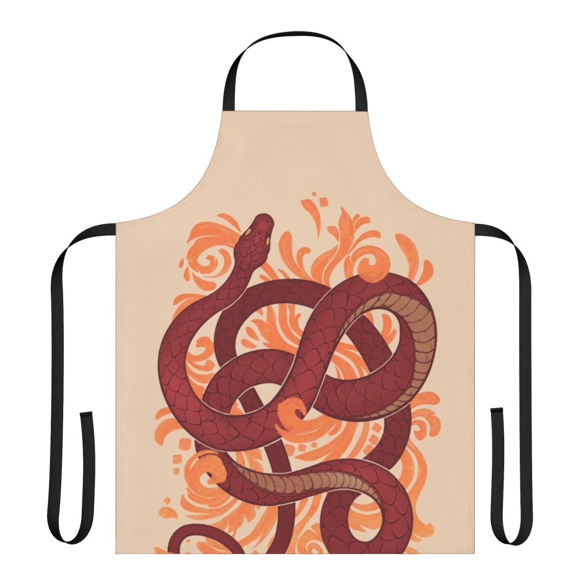 Colorful apron featuring a snake and botanical pattern
