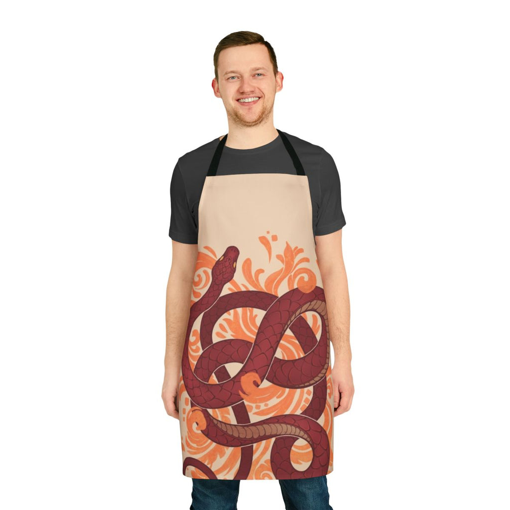 Colorful apron featuring a snake and botanical pattern