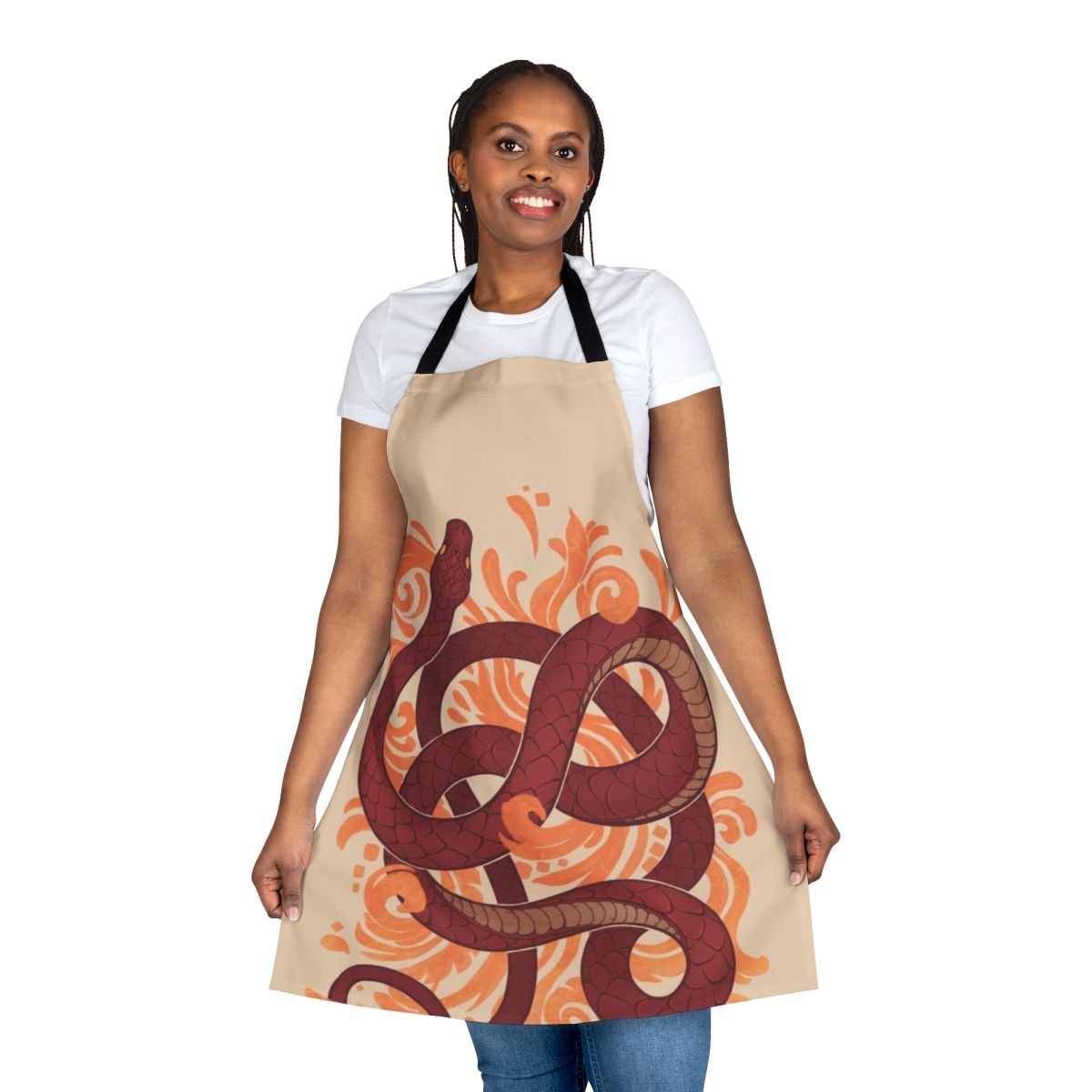 Colorful apron featuring a snake and botanical pattern