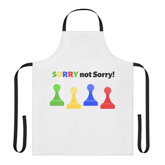 Colorful "Sorry Not Sorry" themed apron with board game graphics